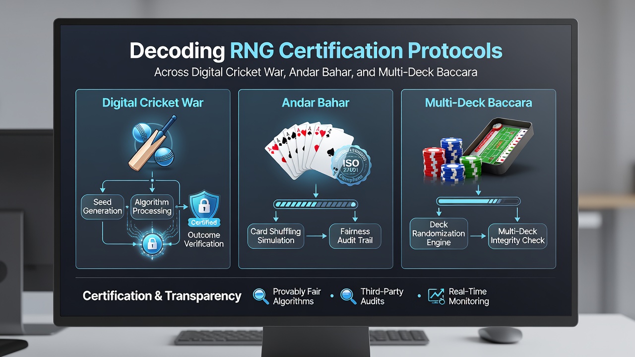 Mobile framework architecture diagram showing RNG isolation between cricket war, andar bahar and baccarat modules