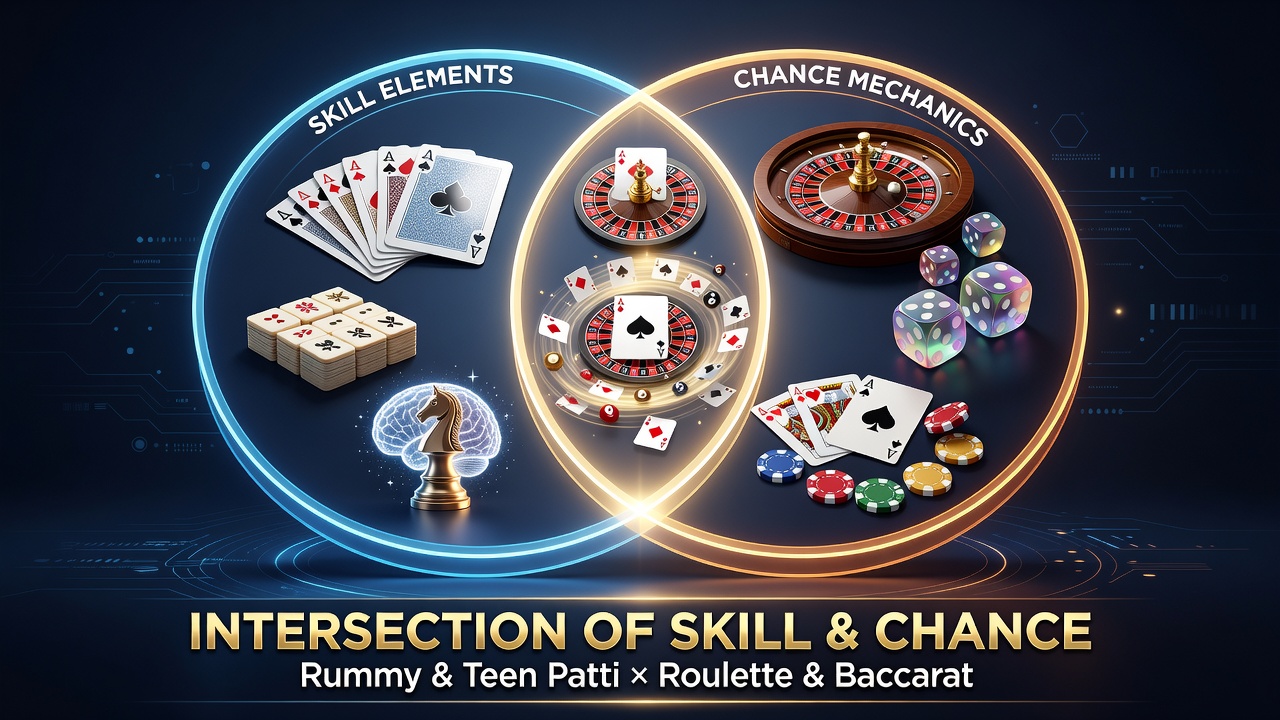 Detailed view of rummy card arrangements next to a spinning roulette wheel illustrating the contrast between skill and chance elements